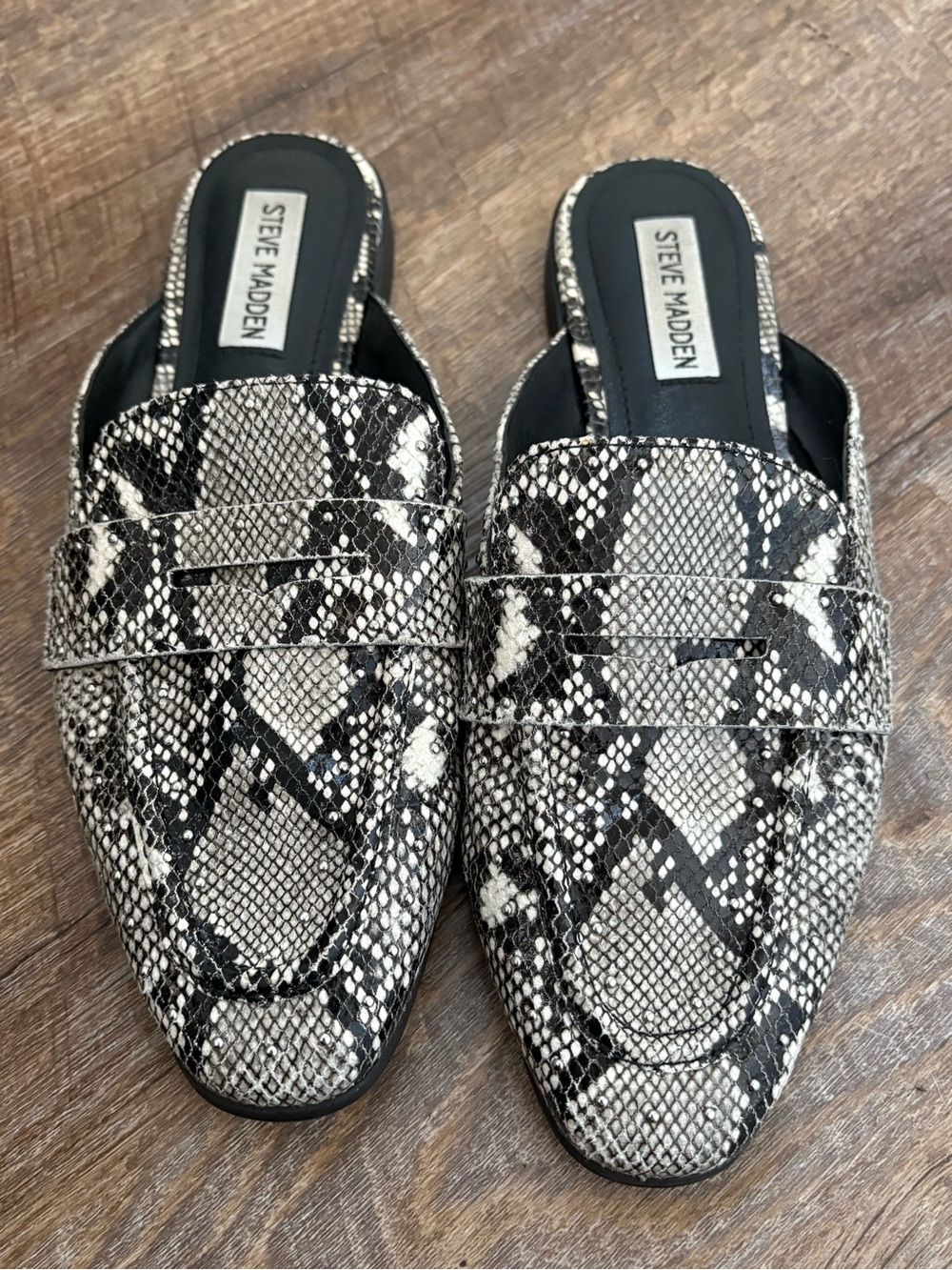 Steve Madden Snake-Print Slip-On Mules in Black & Cream